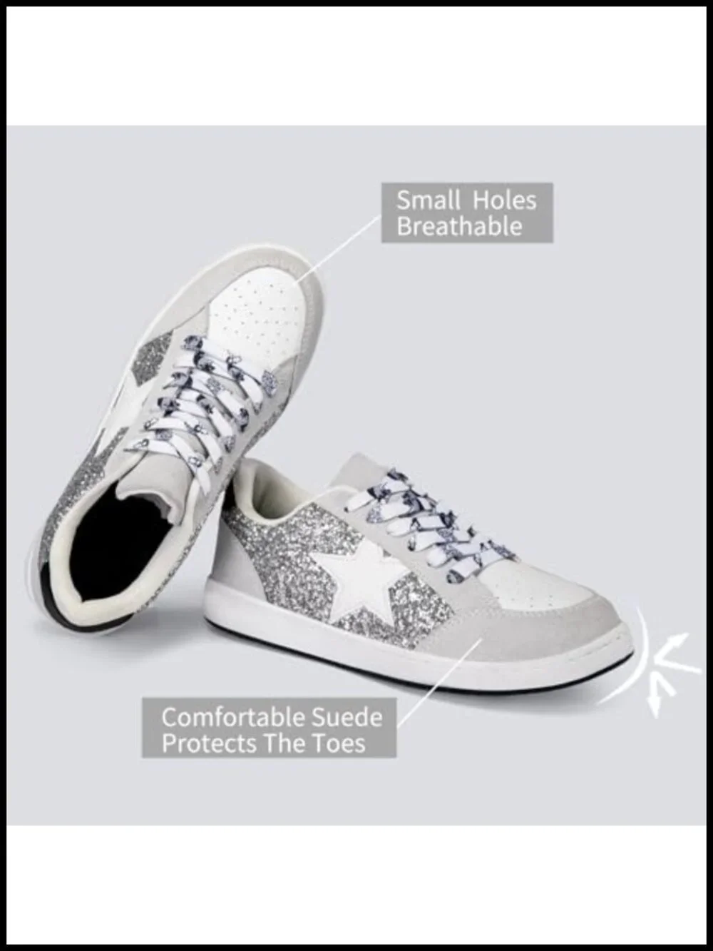 Sparkly Star Fashion Sneakers Glitter Non Slip Retro Leather Lace Up Walking